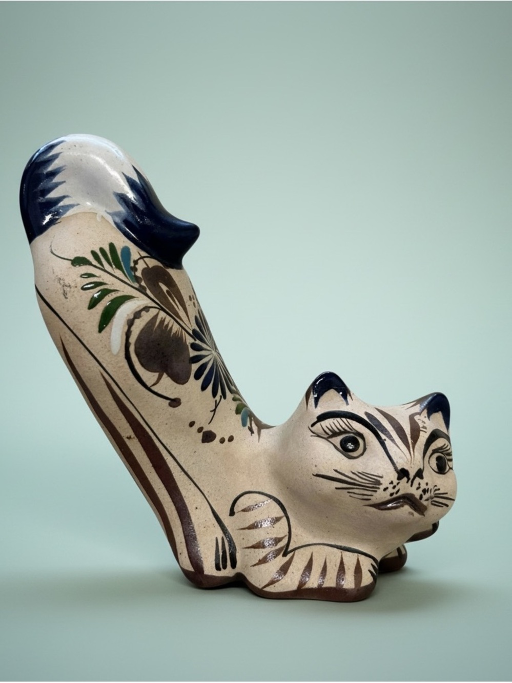 Vintage Tonalá Pottery Cat Figurine P. Mateos Mexican Folk Art 5.5"